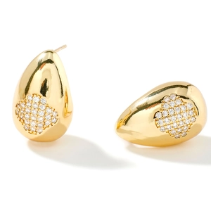 French vintage teardrop earrings in polished gold with pavé set cubic zirconia stones