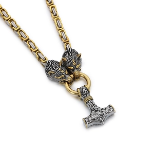 Viking wolf head king chain necklace with Thor's hammer Mjolnir pendant in steel