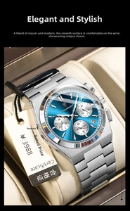 Detailed close-up of Poedagar luxury men's watch with blue sunray dial and steel strap