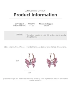 Pink zircon butterfly earrings with silver pins, weighing 11.1g and measuring 5x3cm