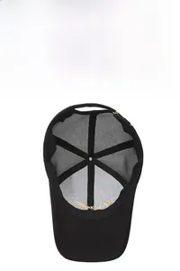 Close-up of the breathable mesh structure and gold embroidery on this black baseball cap