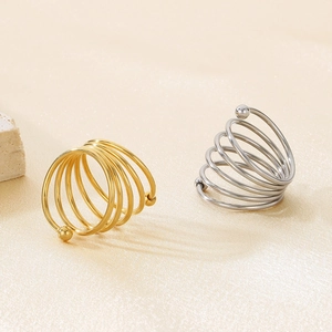 Spiral multi-layer stainless steel ring with double beads in gold and silver finish