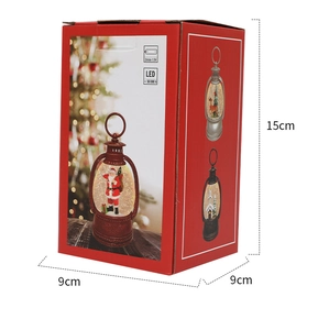 Red Christmas LED water lantern gift box showing packaging details and dimensions
