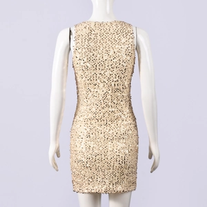 Vue arrière de la mini robe moulante sans manches à paillettes dorées champagne