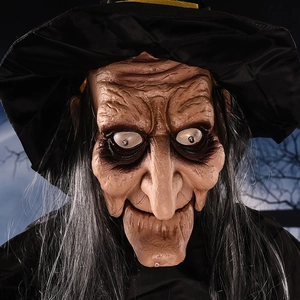Creepy Halloween witch mask with gray hair and glowing white eyes for haunted house decor