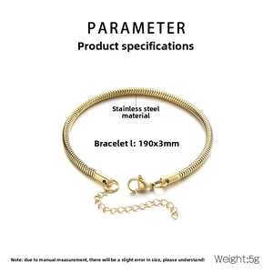 Detail view of 18K gold plated 3mm stainless steel snake chain bracelet with dimensions