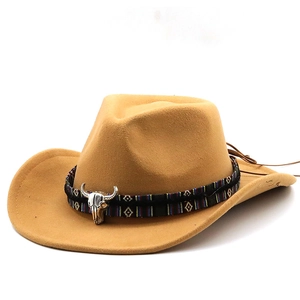 Camel felt western cowboy hat with ethnic braided band and silver bull head ornament