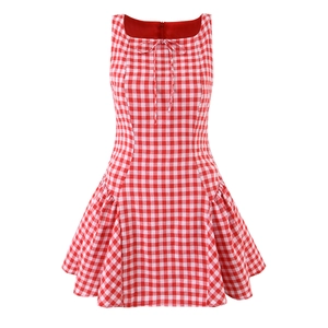 Women's red and white plaid sleeveless dress with square neck and bow detail
