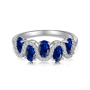 S925 sterling silver ring featuring five oval blue gems and sparkling white zircons