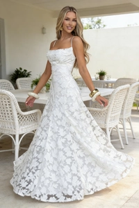 Detailed texture of white floral lace fabric on a slim fit A-line maxi camisole dress