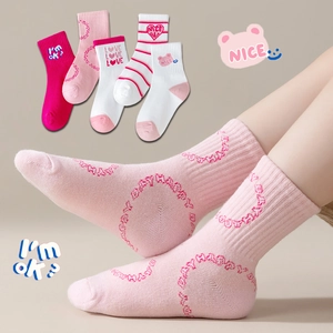 5-pack assorted cotton crew socks for kids with cute heart and bear patterns