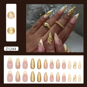 French style 3D pearl press-on nails with gold relief and gradient patterns 24pcs set