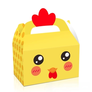 Close-up of a yellow 3D chicken-shaped paper gift box with a red comb handle