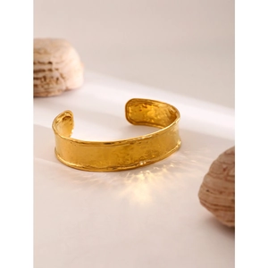 Minimalist 18k gold stainless steel open cuff bracelet with handcrafted hammered texture