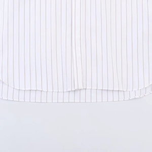 Mens striped poplin shirt with vertical brown lines and curved hem details