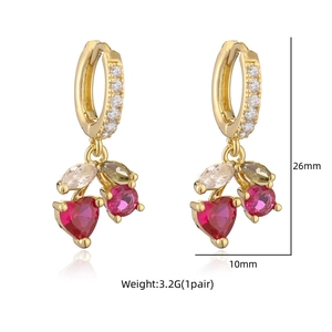 Detail showing dimension 26mm of cherry earrings with pink zircon and gold plating
