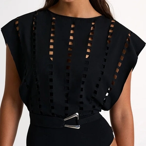 Sexy black cutout one-piece swimsuit with geometric hollow-out design and belt