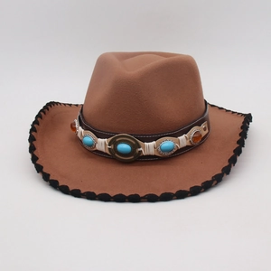 Ethnic Western Cowboy Fedora Hat With Braided Edge Turquoise Leather Band Bohemian Felt Sun Hat For Women Men Travel Vacation