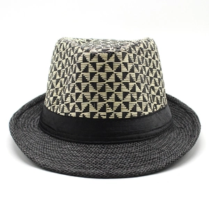 Classic men's summer straw fedora hat with black and white woven texture and wide brim