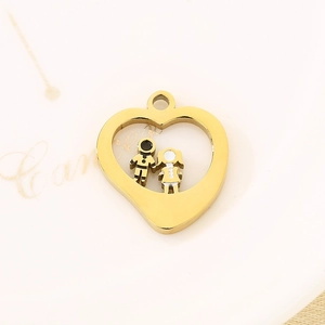 Polished gold heart charm pendant featuring a boy and girl motif for DIY jewelry