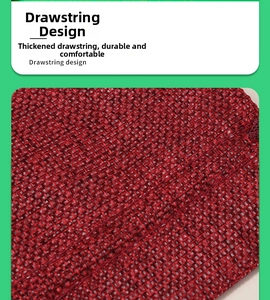 Detail showing the thick drawstring design and red burlap woven texture of the gift pouch