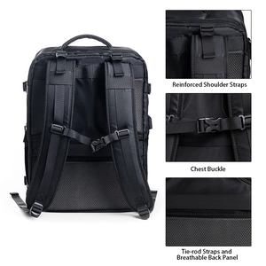Black travel backpack with reinforced straps, chest buckle, and breathable back panel