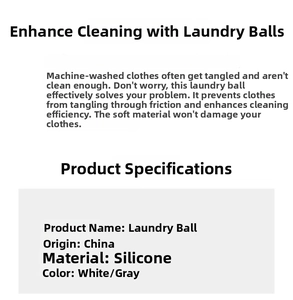 Detailed specifications table for silicone laundry balls in white and grey colors