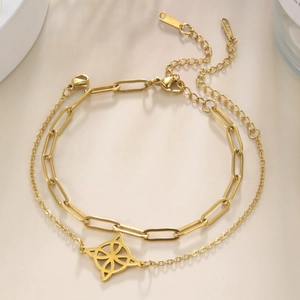 Dettaglio del bracciale a doppio strato in acciaio inox con ciondolo a quadrifoglio