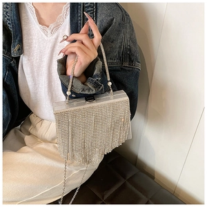 Close-up of silver rhinestone tassel evening bag with chain strap and pearl handle detail