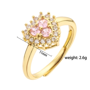 Adjustable gold heart ring with pink zirconia and micro-pave crystals, 11mm face