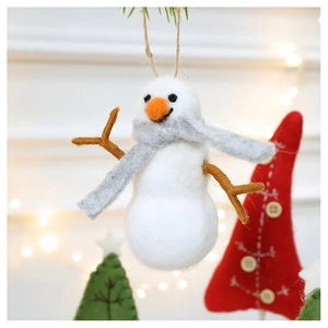Close-up of handmade wool felt snowman ornament with gray scarf and branch arms for Christmas