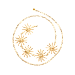 Vintage golden sun face pendant waist chain with pleated geometric metal circles