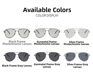 Matrix of aviator sunglasses with polarized and photochromic lenses in various metal frames