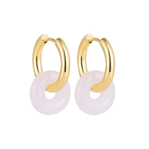 Detail of 18K gold hoop earrings featuring polished pink natural stone pendants on white back