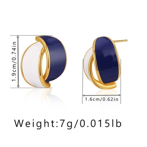 Detail view of blue and white enamel earrings with size and weight measurements in inches