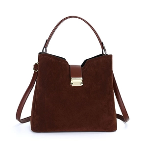 Dark brown suede tote bag with golden buckle and detachable strap for women