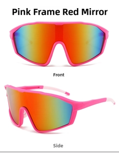 Front and side views of pink cycling sunglasses with red mirrored gradient lenses