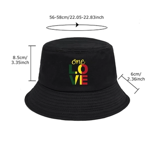 Black bucket hat with One Love colorful letters and size measurements for outdoor travel