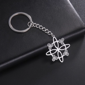 Macro view of silver stainless steel keychain with Celtic knot and cut-out pattern