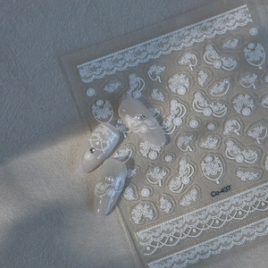 5D white lace flower nail art stickers with embossed pearls and crystals design