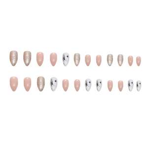 Almond press-on nails with marble patterns, pink tones, and gold glitter finishes