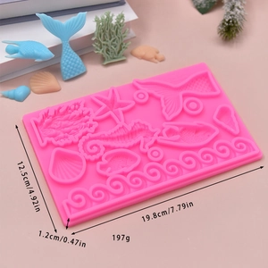 Pink sea life silicone mold with mermaid tail and shells for cake decorating and DIY