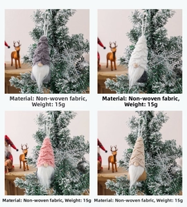 Detailed view of four colorful Christmas gnome ornaments with long beards and hanging strings