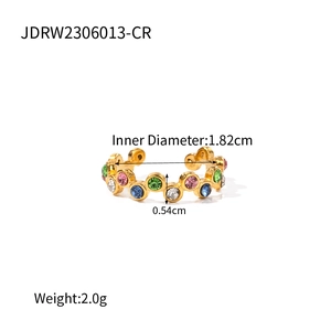 Detail of snake shape ring with colorful crystals showing size 1.82cm and 0.54cm width