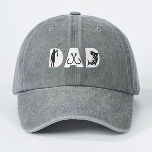 Washed grey cotton baseball cap with DAD fishing embroidery shown from front view