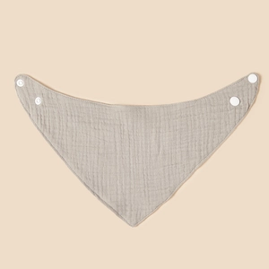 Grey muslin cotton baby bandana bib with adjustable snaps and soft crinkle texture
