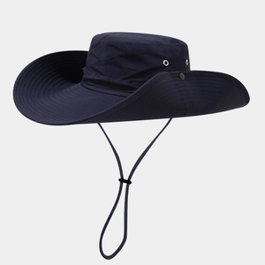 Detail of dark blue sun hat with wide brim, reinforced stitching and adjustable chin strap