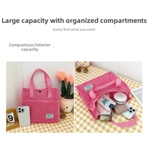 Detail view of pink mesh tote showing large capacity storage for beach and toiletries