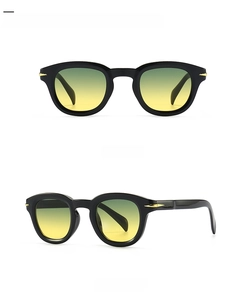 Front and 45-degree side view of vintage round sunglasses with yellow-green gradient lenses