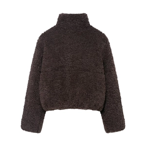 Women's warm teddy fleece jacket in dark brown featuring a high collar and cropped back view